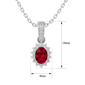 1 1/3 Carat Oval Shape Ruby and Diamond Necklace In 14 Karat White Gold, 18 Inches