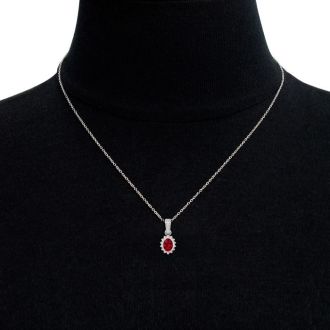 1 1/3 Carat Oval Shape Ruby and Diamond Necklace In 14 Karat White Gold, 18 Inches