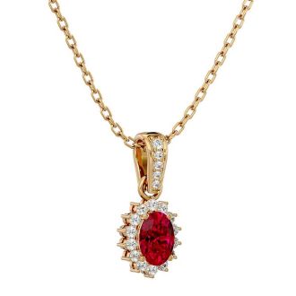 1 1/3 Carat Oval Shape Ruby and Diamond Necklace In 14 Karat Yellow Gold, 18 Inches