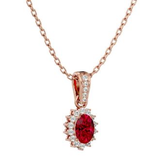 1 1/3 Carat Oval Shape Ruby and Diamond Necklace In 14 Karat Rose Gold, 18 Inches