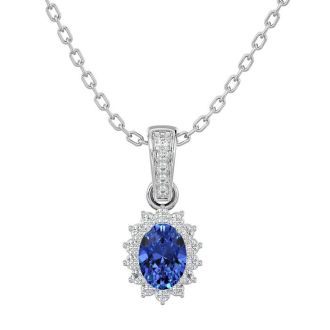 1 1/3 Carat Oval Shape Tanzanite and Diamond Necklace In 14 Karat White Gold, 18 Inches
