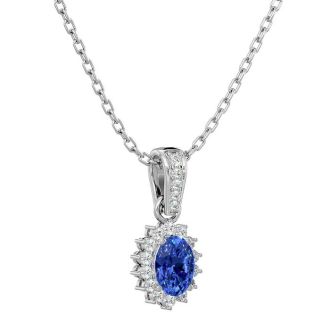 1 1/3 Carat Oval Shape Tanzanite and Diamond Necklace In 14 Karat White Gold, 18 Inches