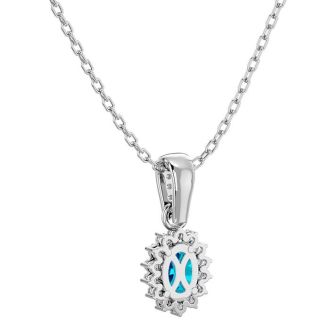 1 1/3 Carat Oval Shape Blue Topaz and Diamond Necklace In 14 Karat White Gold, 18 Inches