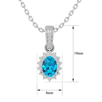 1 1/3 Carat Oval Shape Blue Topaz and Diamond Necklace In 14 Karat White Gold, 18 Inches