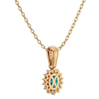 1 1/3 Carat Oval Shape Blue Topaz and Diamond Necklace In 14 Karat Yellow Gold, 18 Inches