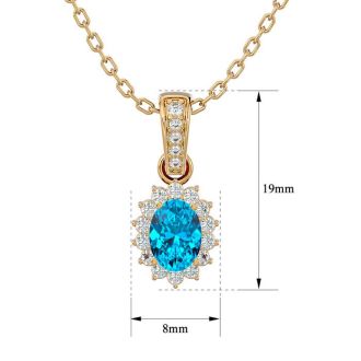 1 1/3 Carat Oval Shape Blue Topaz and Diamond Necklace In 14 Karat Yellow Gold, 18 Inches