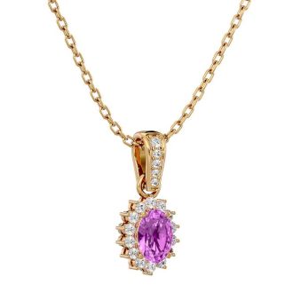 1 1/3 Carat Oval Shape Pink Topaz and Diamond Necklace In 14 Karat Yellow Gold, 18 Inches