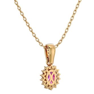 1 1/3 Carat Oval Shape Pink Topaz and Diamond Necklace In 14 Karat Yellow Gold, 18 Inches