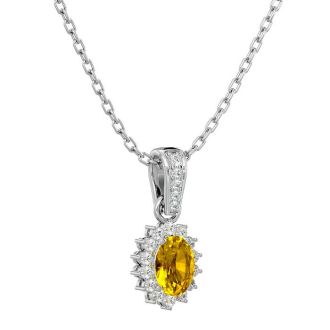 1 Carat Oval Shape Citrine and Diamond Necklace In 14 Karat White Gold, 18 Inches