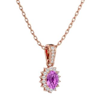 1 1/3 Carat Oval Shape Pink Topaz and Diamond Necklace In 14 Karat Rose Gold, 18 Inches