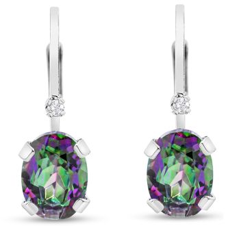 3/4 Carat Mystic Topaz and Diamond Leverback Drop Earrings In 14 Karat White Gold Filled