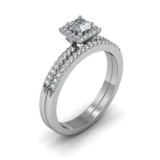 Previously Owned 1/2 Carat Princess Cut Pave Halo Diamond Bridal Set in 14k White Gold, Size 3
