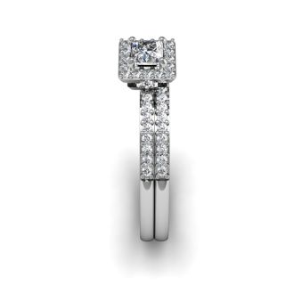 Previously Owned 1/2 Carat Princess Cut Pave Halo Diamond Bridal Set in 14k White Gold, Size 3

