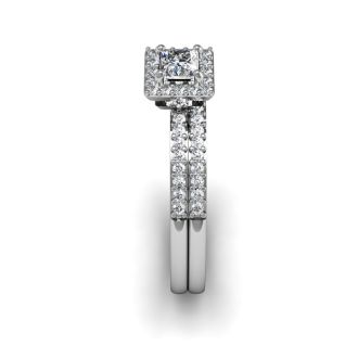 Previously Owned 1/2 Carat Princess Cut Pave Halo Diamond Bridal Set in 14k White Gold, Size 3
