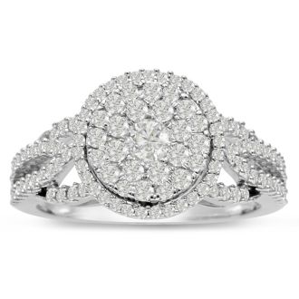 Previously Owned 1ct Pave Halo Diamond Engagement Ring Crafted In Solid White Gold, Size 7
