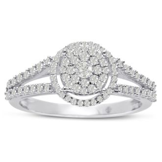 Previously Owned 1/2ct Pave Halo Diamond Engagement Ring Crafted In Solid White Gold, Size 7