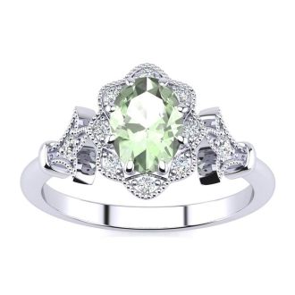 3/4 Carat Oval Shape Green Amethyst and Halo Diamond Vintage Ring In 1.4 Karat Gold™