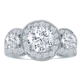 2 3/4 Carat Halo Three Diamond Ring in 14k White Gold