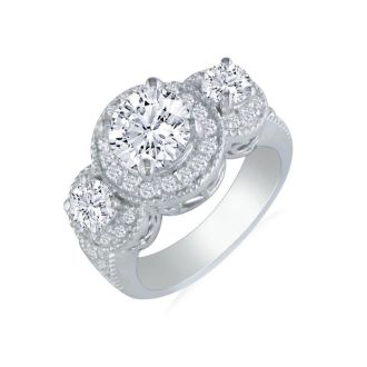 2 3/4 Carat Halo Three Diamond Ring in 14k White Gold