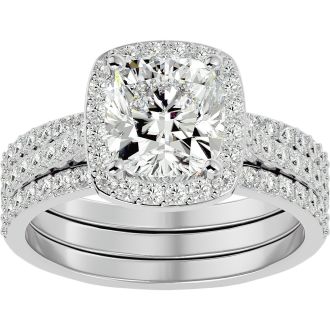 Moissanite Engagement Ring; 3 1/4 Carat Cushion Cut Halo Moissanite Bridal Set In 14 Karat White Gold