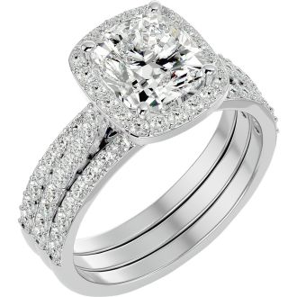Moissanite Engagement Ring; 3 1/4 Carat Cushion Cut Halo Moissanite Bridal Set In 14 Karat White Gold