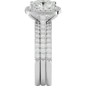 Moissanite Engagement Ring; 3 1/4 Carat Cushion Cut Halo Moissanite Bridal Set In 14 Karat White Gold
