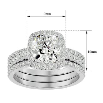 Moissanite Engagement Ring; 3 1/4 Carat Cushion Cut Halo Moissanite Bridal Set In 14 Karat White Gold