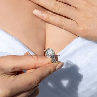 Moissanite Engagement Ring; 3 1/4 Carat Cushion Cut Halo Moissanite Bridal Set In 14 Karat White Gold