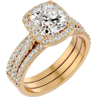 Moissanite Engagement Ring; 3 1/4 Carat Cushion Cut Halo Moissanite Bridal Set In 14 Karat Yellow Gold