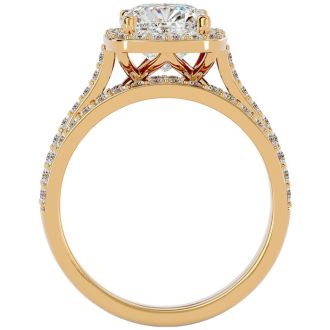 Moissanite Engagement Ring; 3 1/4 Carat Cushion Cut Halo Moissanite Bridal Set In 14 Karat Yellow Gold