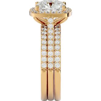 Moissanite Engagement Ring; 3 1/4 Carat Cushion Cut Halo Moissanite Bridal Set In 14 Karat Yellow Gold