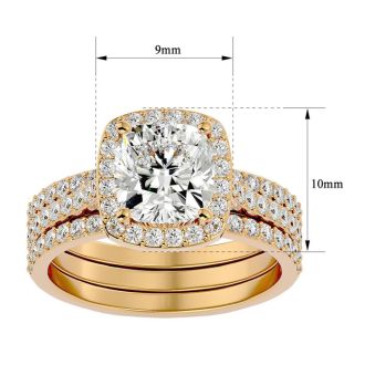 Moissanite Engagement Ring; 3 1/4 Carat Cushion Cut Halo Moissanite Bridal Set In 14 Karat Yellow Gold