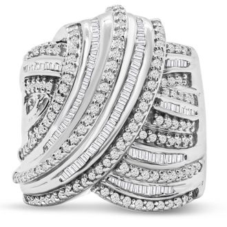 1 Carat Baguette and Round Colorless Diamond Swirl Band Ring In Sterling Silver.  This Ring Is Huge & Amazing!