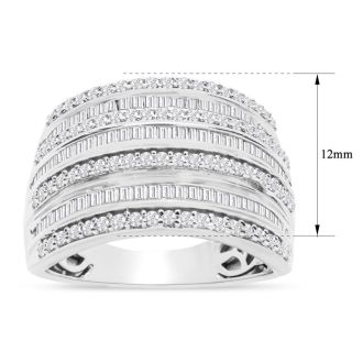 1 Carat Baguette and Round Colorless Diamond Band Ring In Sterling Silver