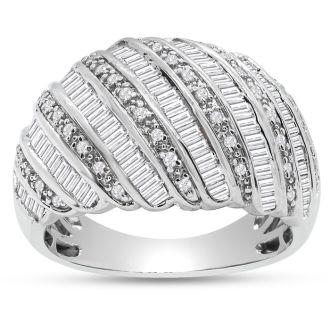 1 Carat Baguette and Round Colorless Diamond Dome Band Ring In Sterling Silver. Brand New Amazing Ring!
