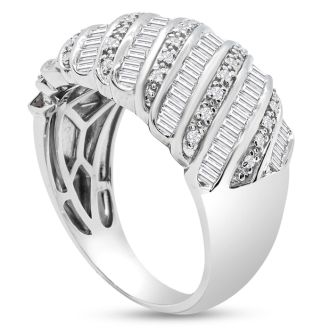 1 Carat Baguette and Round Colorless Diamond Dome Band Ring In Sterling Silver. Brand New Amazing Ring!
