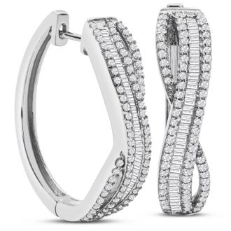 1 Carat Baguette and Round Colorless Diamond Swirl Hoop Earrings In Sterling Silver. These Are Fabulous New Earrings!