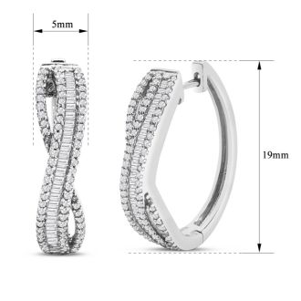 1 Carat Baguette and Round Colorless Diamond Swirl Hoop Earrings In Sterling Silver. These Are Fabulous New Earrings!