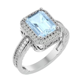 Aquamarine Ring: Aquamarine Jewelry: 2 1/2 Carat Antique Style Aquamarine and Diamond Ring in 14 Karat White Gold