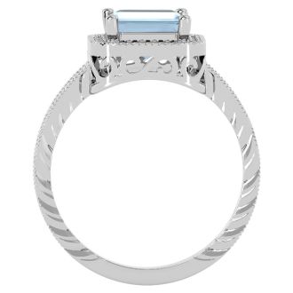 2 1/2 Carat Antique Style Aquamarine and Diamond Ring in 14 Karat White Gold