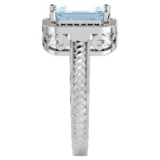 Aquamarine Ring: Aquamarine Jewelry: 2 1/2 Carat Antique Style Aquamarine and Diamond Ring in 14 Karat White Gold