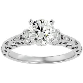 Moissanite Engagement Ring; 1 3/4 Carat Vintage Moissanite Engagement Ring In 14 Karat White Gold