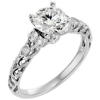 Moissanite Engagement Ring; 1 3/4 Carat Vintage Moissanite Engagement Ring In 14 Karat White Gold