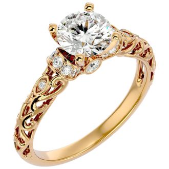 Moissanite Engagement Ring; 1 3/4 Carat Vintage Moissanite Engagement Ring In 14 Karat Yellow Gold