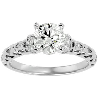 Moissanite Engagement Ring; 2 1/4 Carat Vintage Moissanite Engagement Ring In 14 Karat White Gold