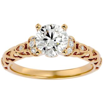 Moissanite Engagement Ring; 2 1/4 Carat Vintage Moissanite Engagement Ring In 14 Karat Yellow Gold