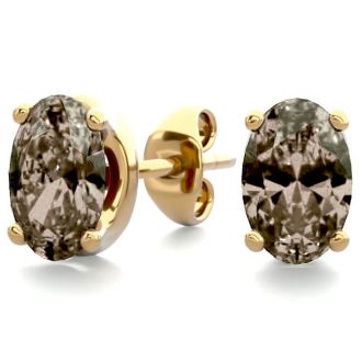 1 Carat Oval Shape Smoky Quartz Stud Earrings In 14K Yellow Gold Over Sterling Silver