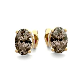 1 Carat Oval Shape Smoky Quartz Stud Earrings In 14K Yellow Gold Over Sterling Silver