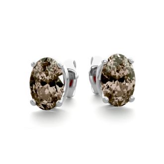 1 Carat Oval Shape Smoky Quartz Stud Earrings In Sterling Silver