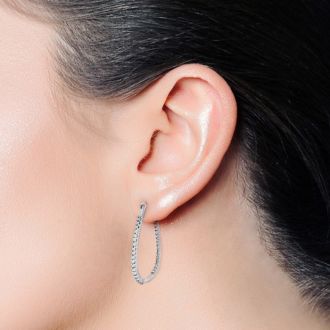 1/4 Carat Diamond Hoop Earrings In Rhodium Plated, 1 Inch
